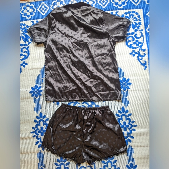 Silky Satin Black Polka Dot Short Sleeve Button Up and Shorts Set with Lace Trim - Picture 8 of 8